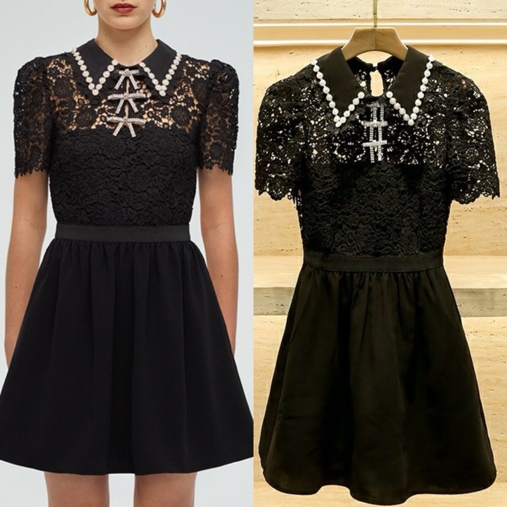 Self-Portrait Ladies Lace Mini Collared Short Sleeve A-line Dress Black size 4
